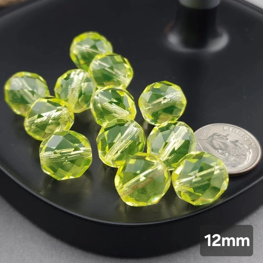 25pcs Vaseline Uranium 12MM Glass Beads UV Light Reactive Firepolish Czech Facet